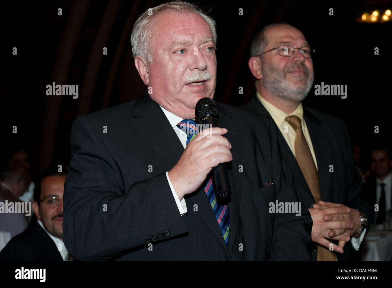 Dr. Michael Häupl, Mayor and Governor of Vienna (L), speaks in the presence of the Muslim Community representatives. Stock Photo