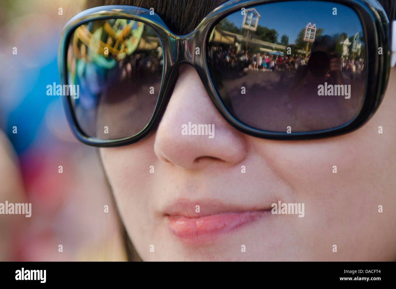 close up Reflections off a girl's sunglasses Disneyland, Anaheim, California. Stock Photo
