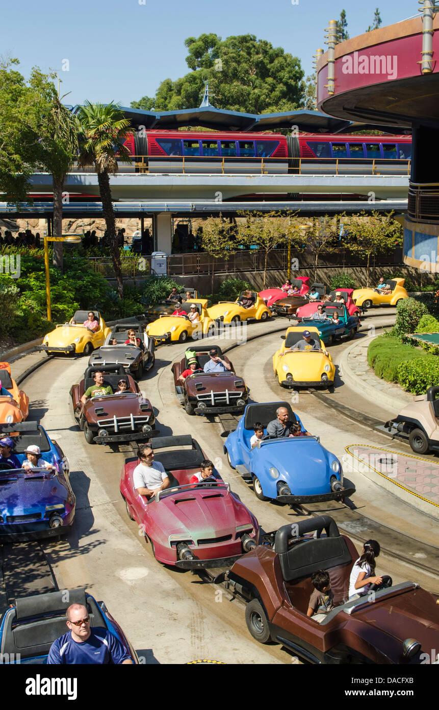 Tomorrowland Speedway car racing ride Disneyland, Anaheim, California. Stock Photo
