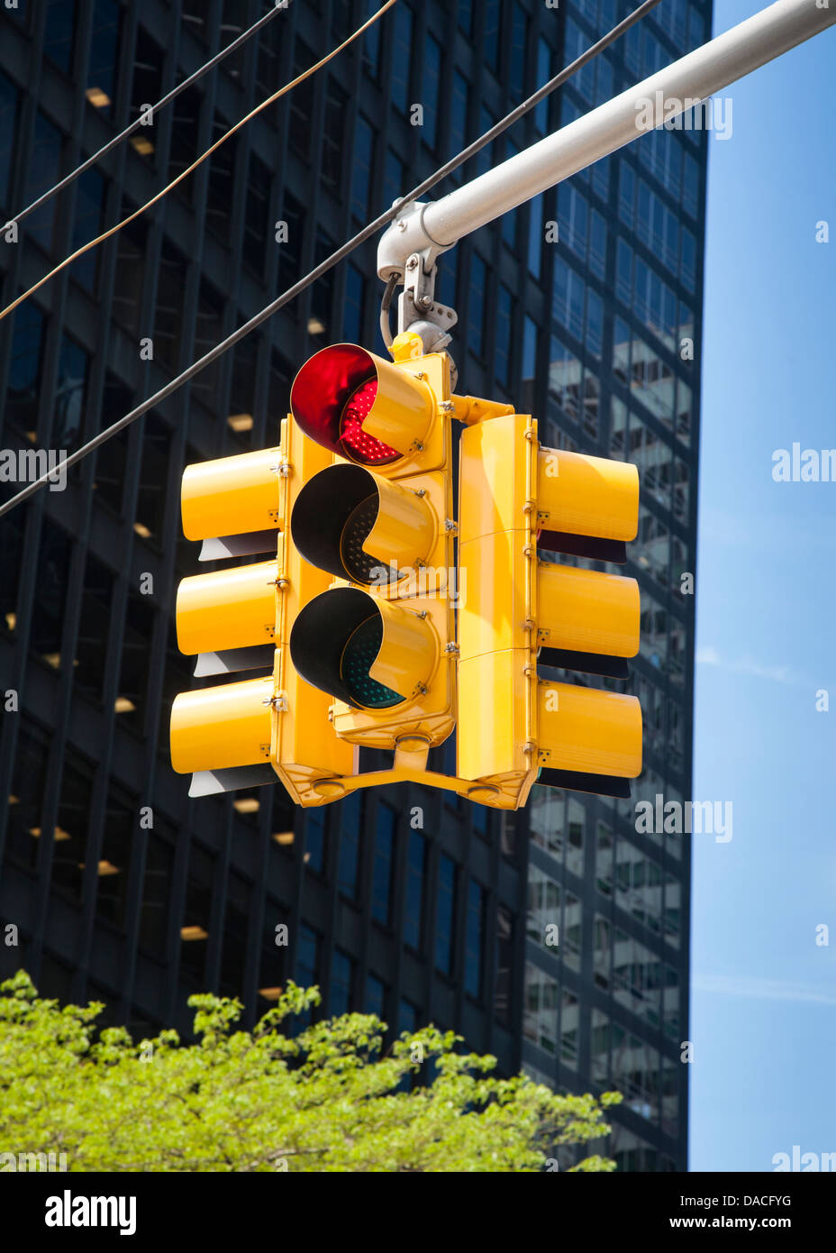 Overhead US yellow traffic light. Stock Photo