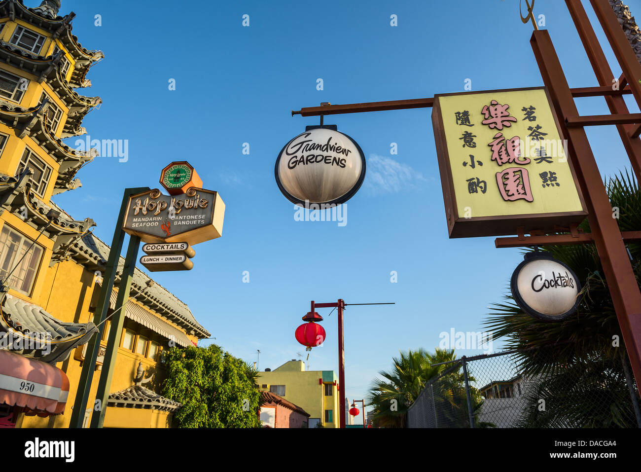 Original and colorful signs of Hop Louie and Grandview Gardens in Los Angeles Chinatown. Stock Photo