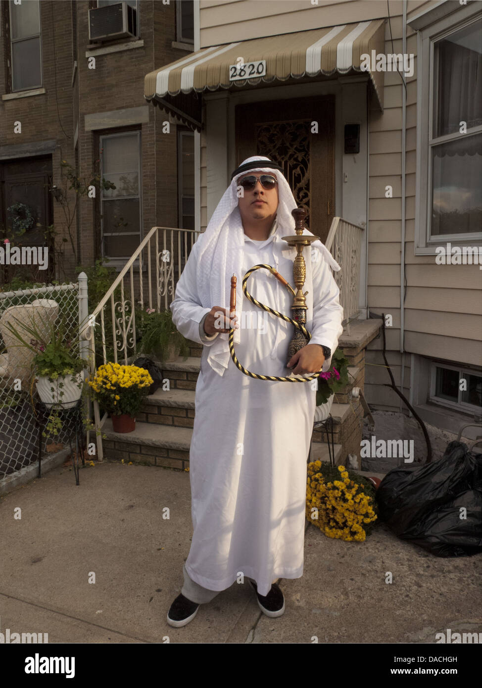 Halloween in the Kensington section of Brooklyn, NY, 2010. Man costumed as Arab sheik. Stock Photo