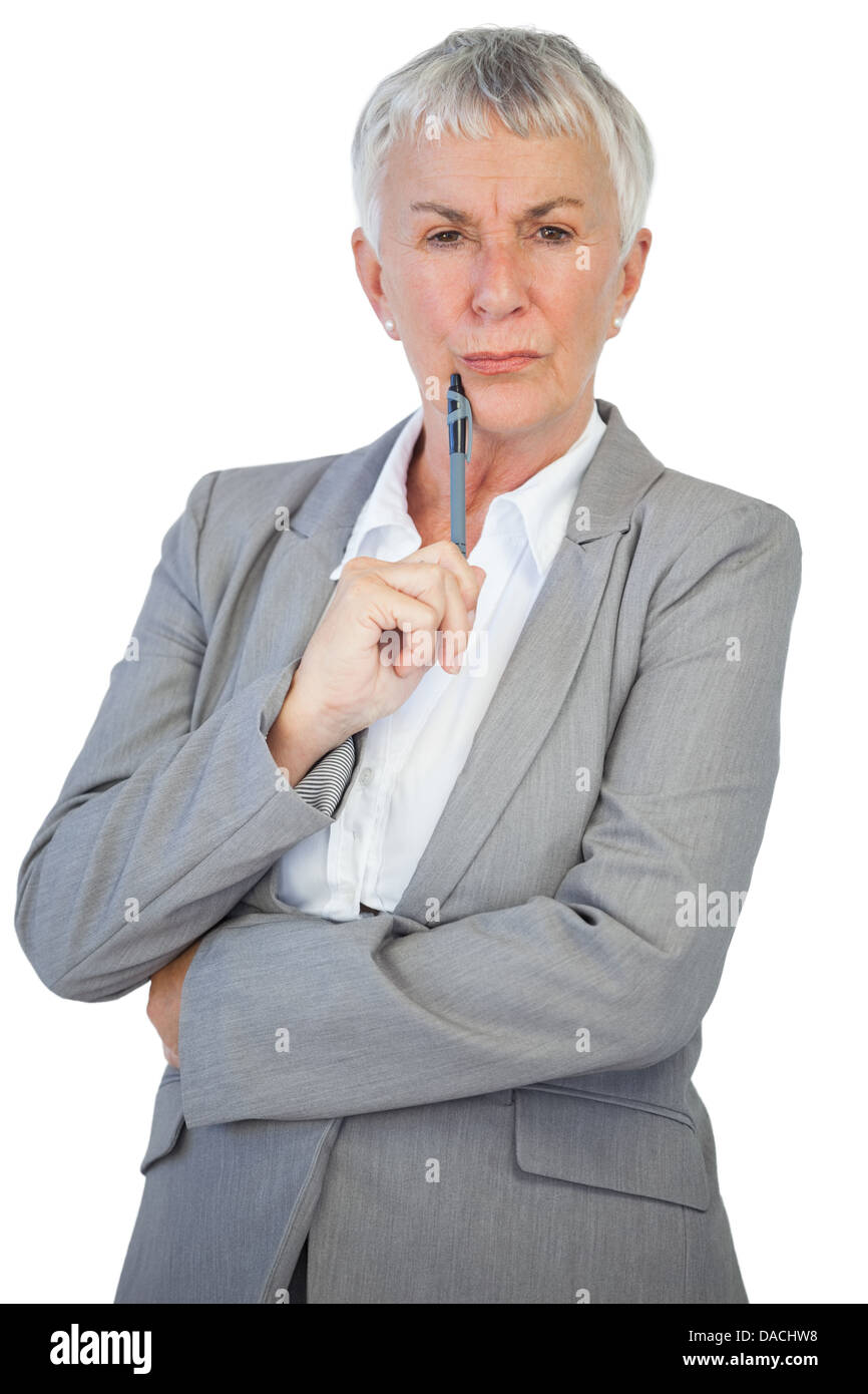 Mature woman thinking pen hi-res stock photography and images - Alamy