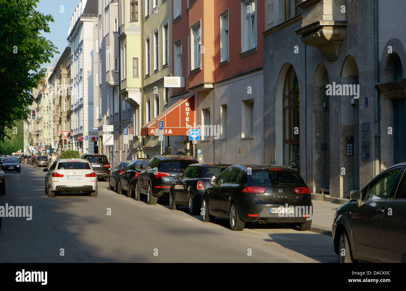 Quiet residential street, Liebigstrasse, in Lehel neighborhood in Munich, Germany Stock Photo