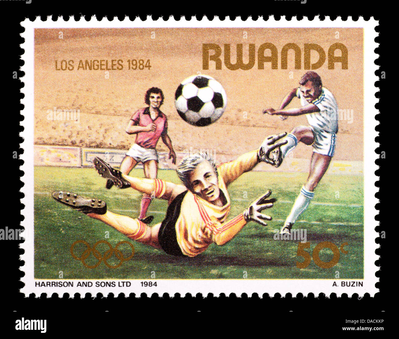Postage stamp from Rwanda depicting a soccer game, issued for the 1984 Los Angeles Olympic Games. Stock Photo