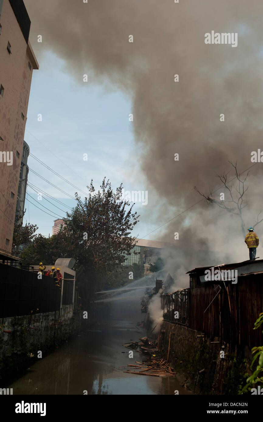 Firemen hose down a fire in a shanty town in Makati City, Metro Manila ...