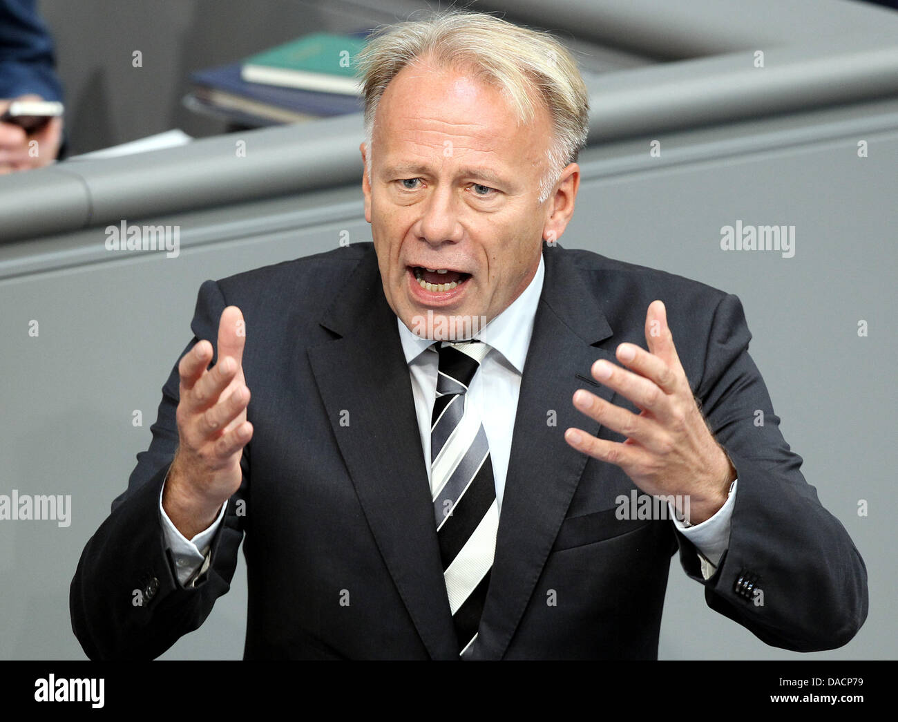 Juergen Trittin, chairman of The Greens, speaks in the German Bundestag, Berlin, Germany, 29 September 2011. The Bundestag will have a roll-call vote on the Euro rescue package today. Photo: Wolfgang Kumm Stock Photo