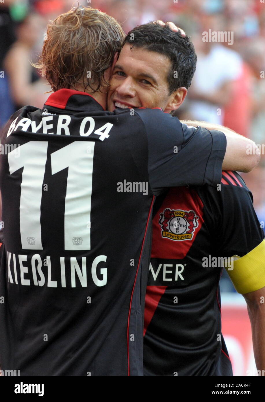 Leverkusens Stefan Kiessling L Celebrates His 3 1 Goal With Michael Ballack During The German 