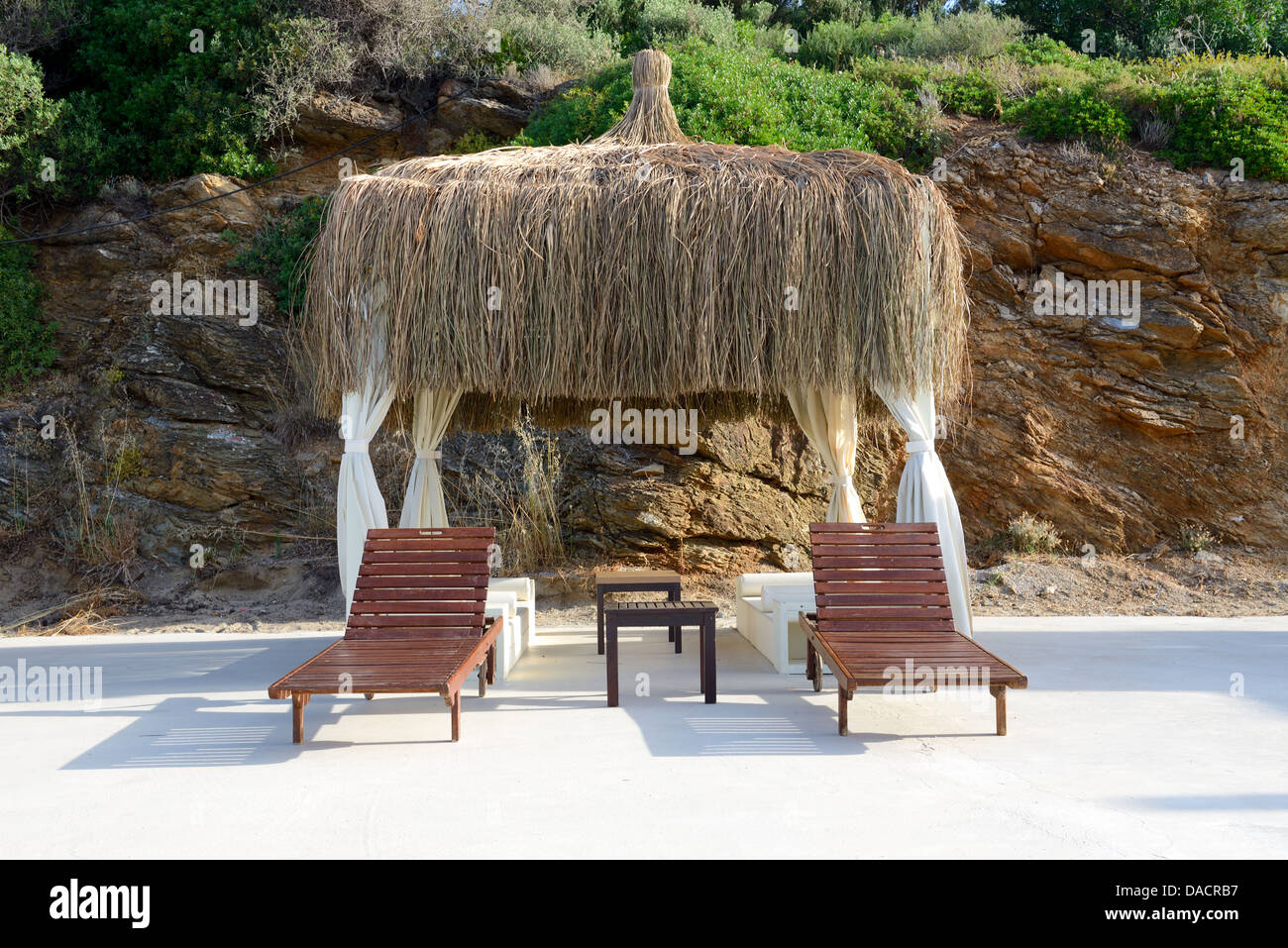 The hut on beach at turkish resort, Bodrum, Turkey Stock Photo