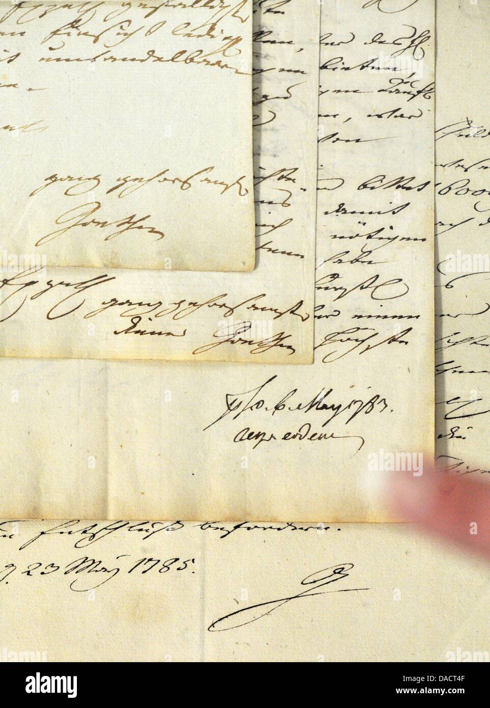 The handwritten 'Your most humble servant Goethe' is seen on a piece of paper at the Saxonian State Archives in Leipzig, Germany, 14 December 2011. The State Archives puts 25 letters by Johann Wolfgang von Goethe (1749-1832) on display which had until now been missing. Photo: PETER ENDIG Stock Photo