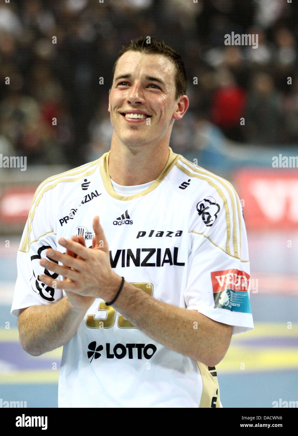 Kiel's Dominik Klein celebrates his team's victory after the Handball Champions League match