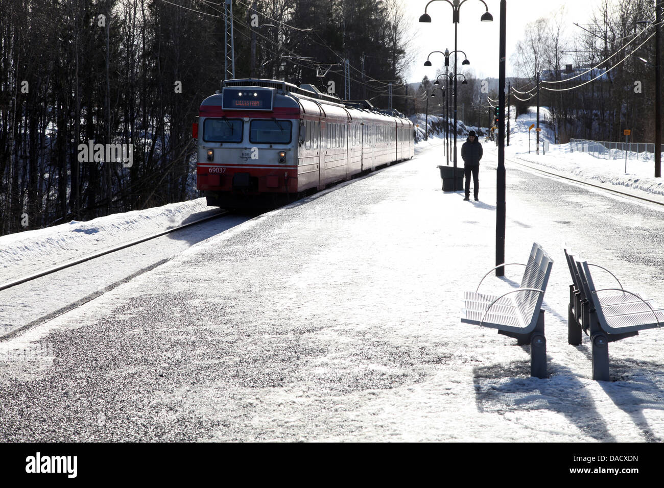 Suburban commuter train arriving at Vakas station near Oslo, Norway, Scandinavia, Europe Stock Photo