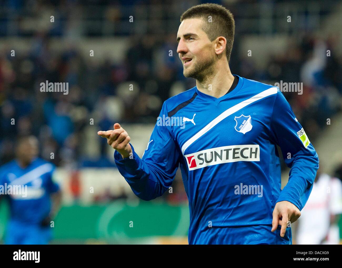 Hoffenheim's Vedad Ibisevic celebrates his 2-1 goal during the German Football Association (DFB) cup soccer match in the round before the quarterfinals at the Rhein Neckar Arena in Sinsheim, Germany, 20 December 2011. Photo: Uwe Anspach Stock Photo
