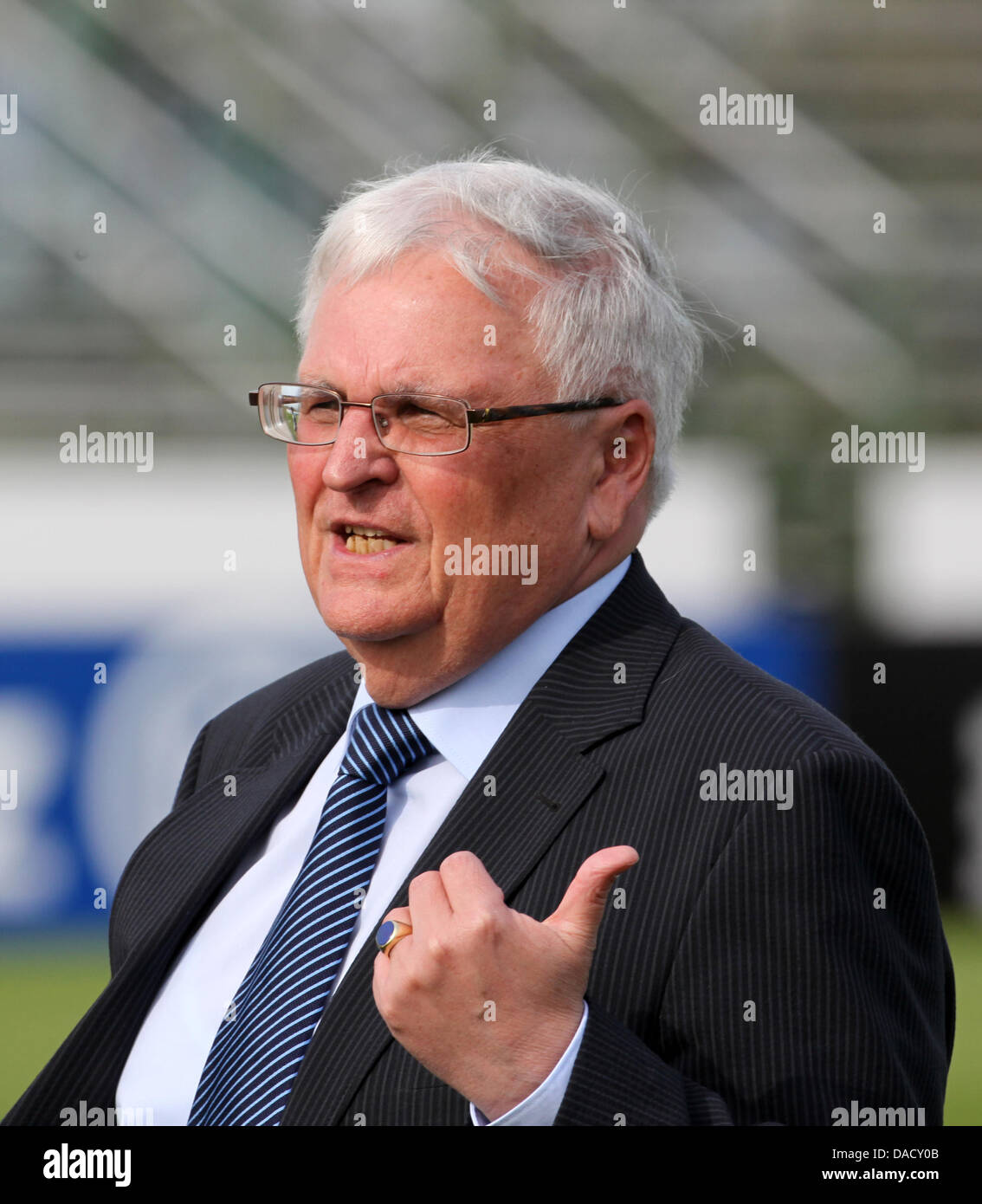 (FILE) An archive photo dated 11 April 2011 shows Theo Zwanziger, president of the German Football Association (DFB), during training camp of the German women's national soccer team in Bitburg, Germany. DFB President Zwanziger told the presidents of regional and state soccer associations in Frankfurt Main on 22 December 2011 that he will hand over his office to his predecessor Nier Stock Photo