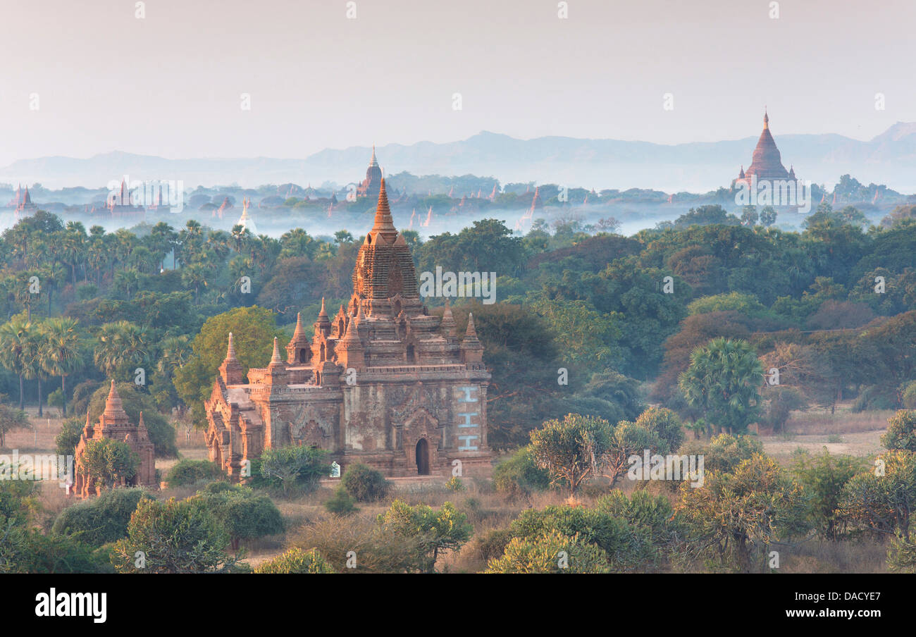 View over the temples of Bagan swathed in early morning mist, from Shwesandaw Paya, Bagan, Myanmar (Burma), Southeast Asia Stock Photo