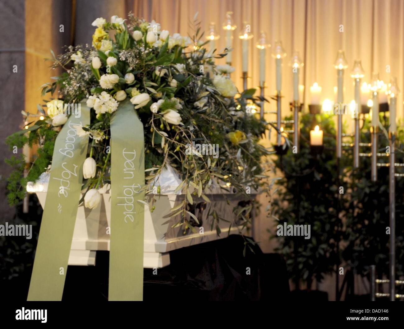 The Coffin Of Johannes Heesters Is On Display And Decorated With A Bouquet Of Flowers From His Wife Simone Rethel Whom He Called Poppie During The Funeral Service For Johannes Heesters At