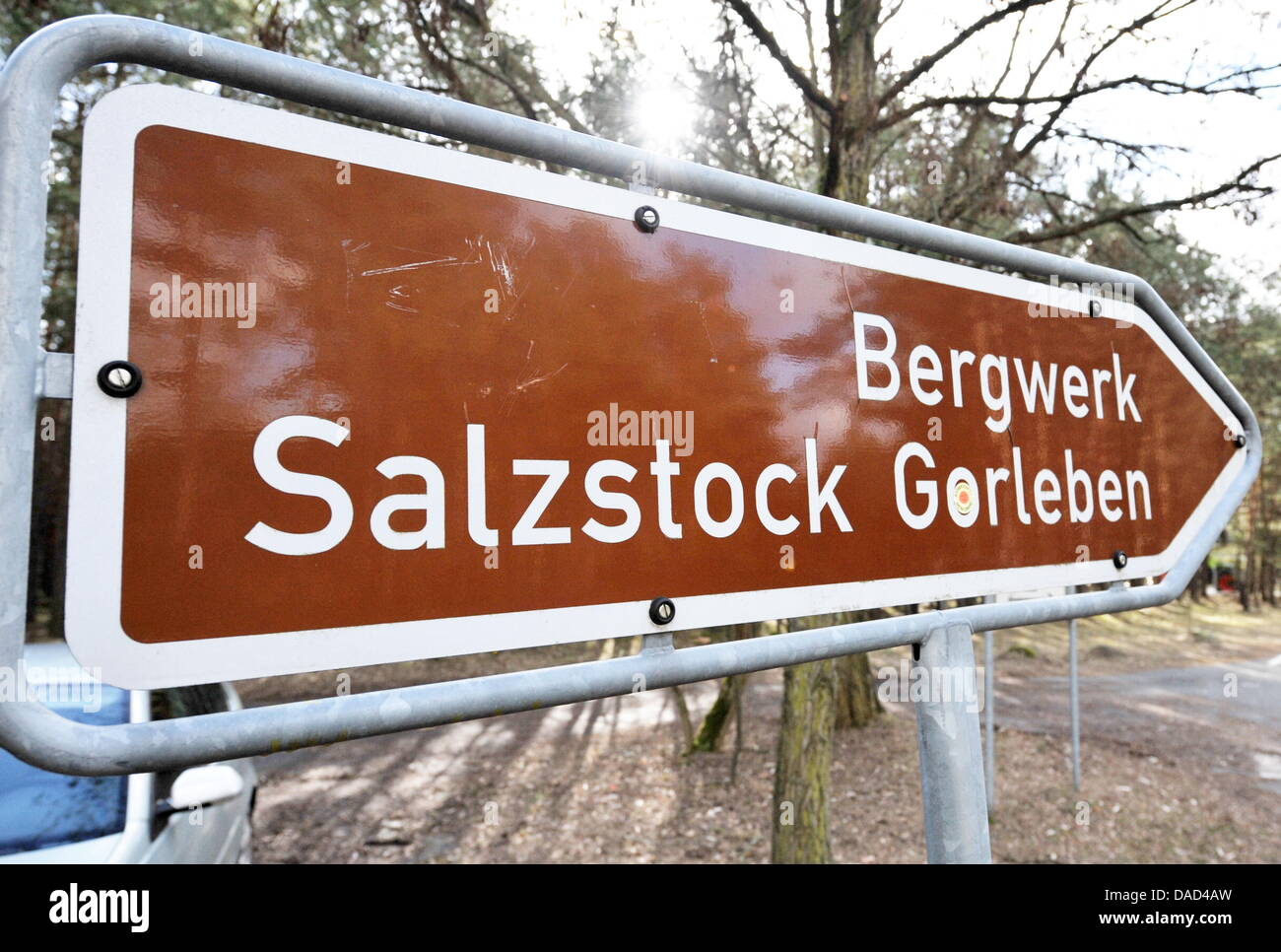 FILE - An archive picture dated 15 March 2010 shows a road sign pointing towards the exploration mine in Gorleben, Lower Saxony, Germany. The salt dome in Gorleben allows for more nuclear waste to be stored than was previously known publicly, in case that the site should indeed become a permanent nuclear storage depot. Photo: Philipp Schulze Stock Photo
