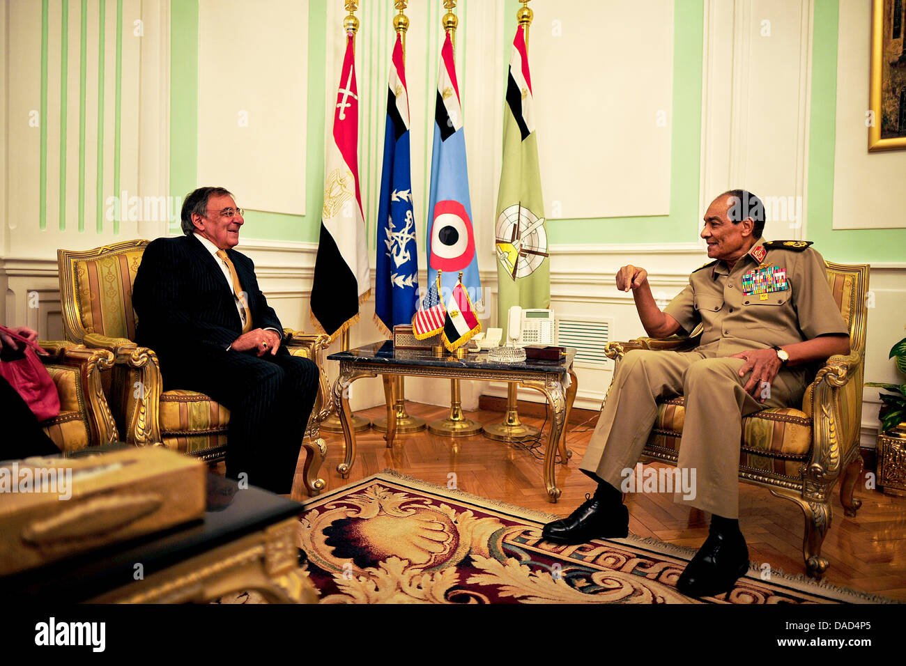 United States Secretary of Defence Leon Panetta meets Field Marshal Hussein Tantawi at the headquarters of the Egyptian Ministry of Defence  in Cairo, Egypt, 04 October 2011. Mandatory Credit: Jacob N. Bailey / USAF via CNP Stock Photo