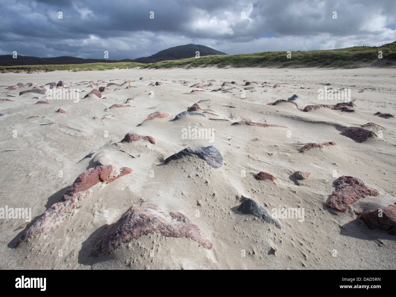 Uig Beach with patterns in the foreground created by wind blowing the sand, Isle of Lewis, Outer Hebrides, Scotland, UK Stock Photo