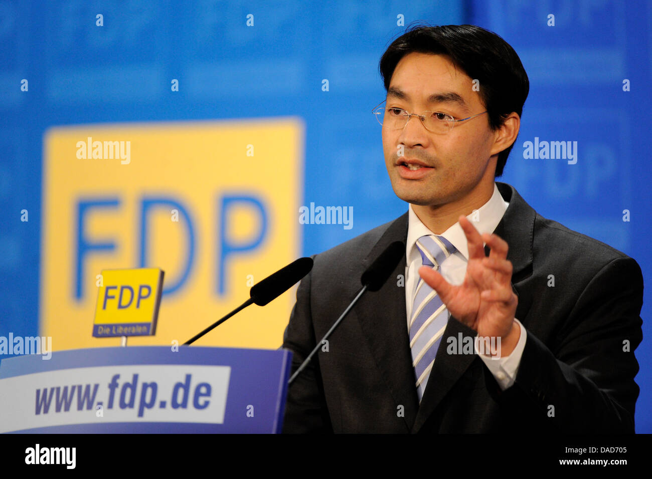 Chairman of the Free Liberals (FDP) and Federal Economy Minister Philipp Roesler speaks during the regional conference of his party in Dortmund, Germany, 09 October 2011. Among others, the conference focusses the Euro bailout and the last election desasters. Photo: MARIUS BECKER Stock Photo