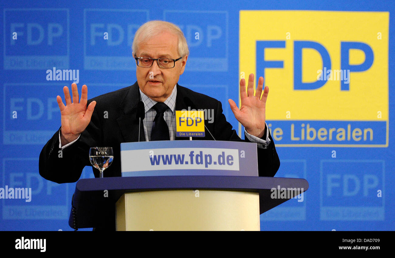 Fraction chairman of the Free Liberals in the German Bundestag Rainer Bruederle speaks during the regional conference of his party in Dortmund, Germany, 09 October 2011. Among others, the conference focusses the Euro bailout and the last election desasters. Photo: MARIUS BECKER Stock Photo