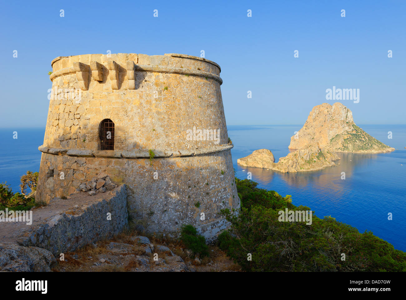 Torre des Savinar and Es Vedra Islands in background, Ibiza, Balearic Islands, Spain, Mediterranean, Europe Stock Photo