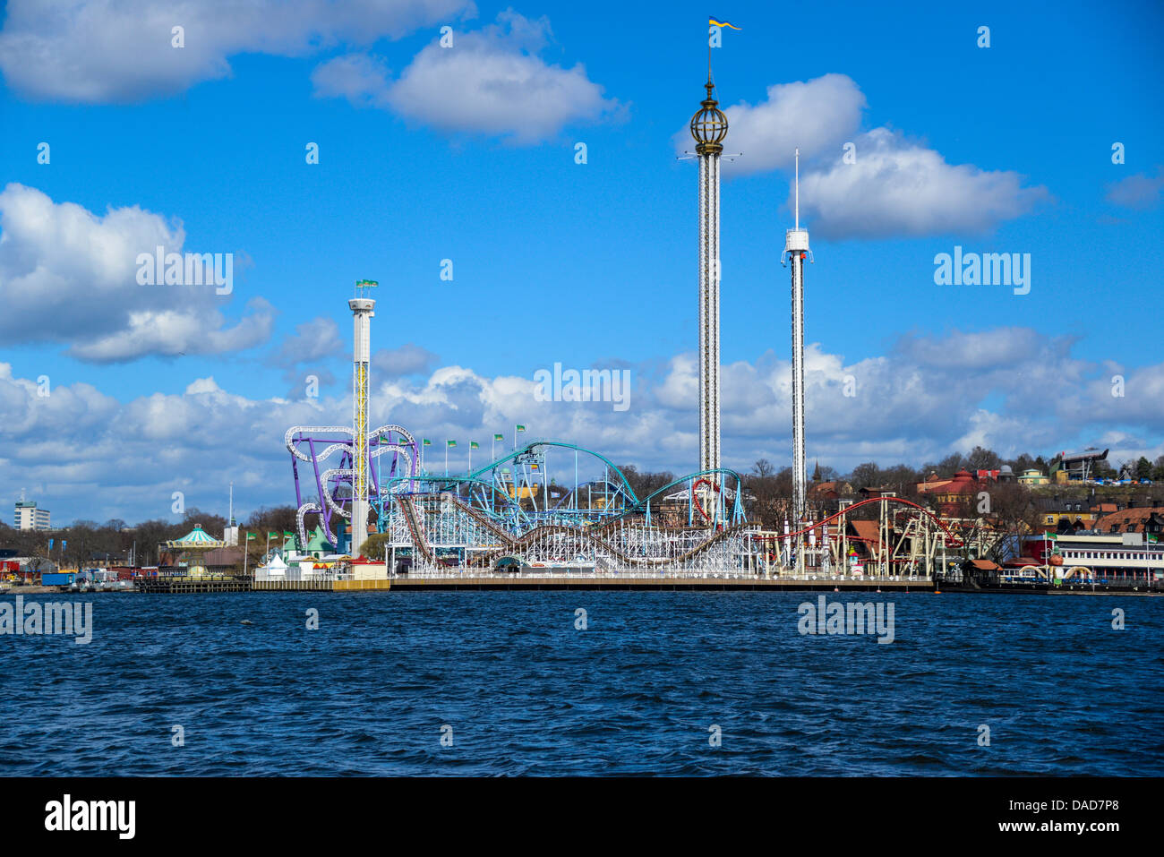 The Gröna Lund Amusement Park in Stockholm Sweden as seen from the water Stock Photo