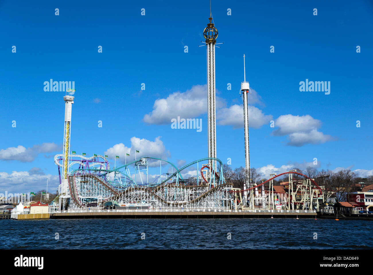 The Gröna Lund Amusement Park in Stockholm Sweden as seen from the water Stock Photo
