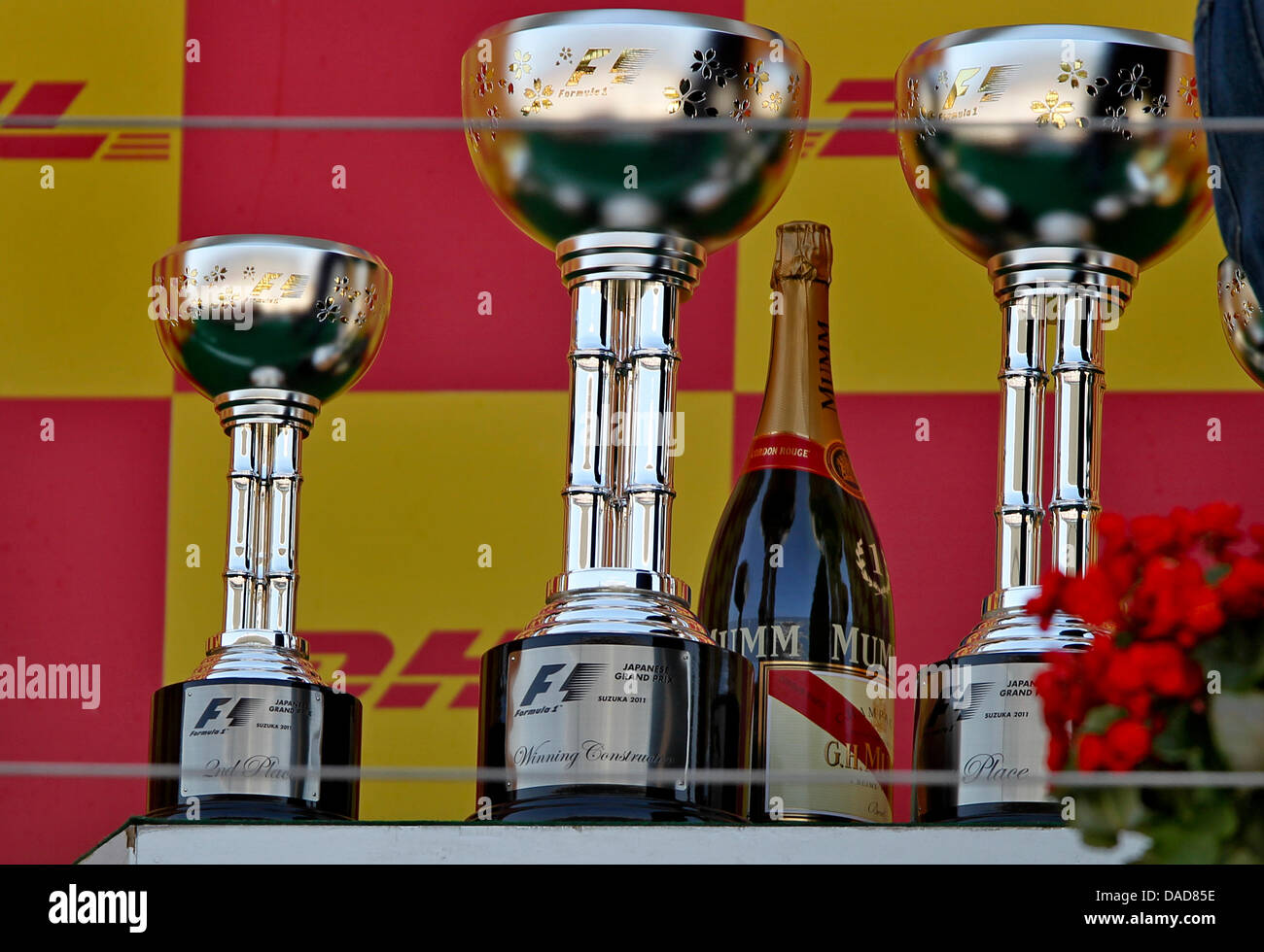 The trophys stand on the podium of the Japan Formula One