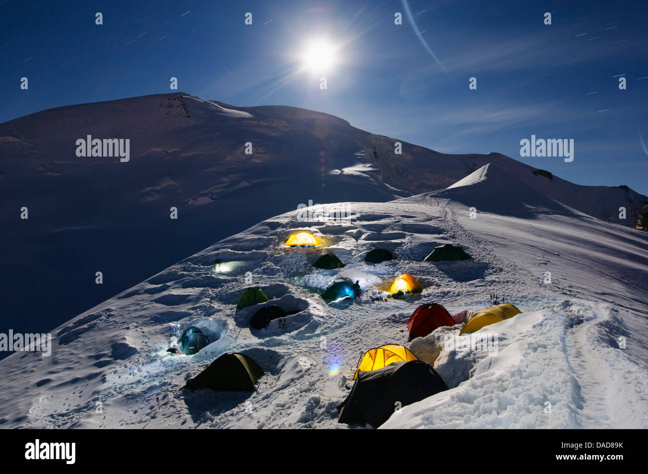 Moonlit tents on Mont Blanc, Haute-Savoie, French Alps, France, Europe Stock Photo