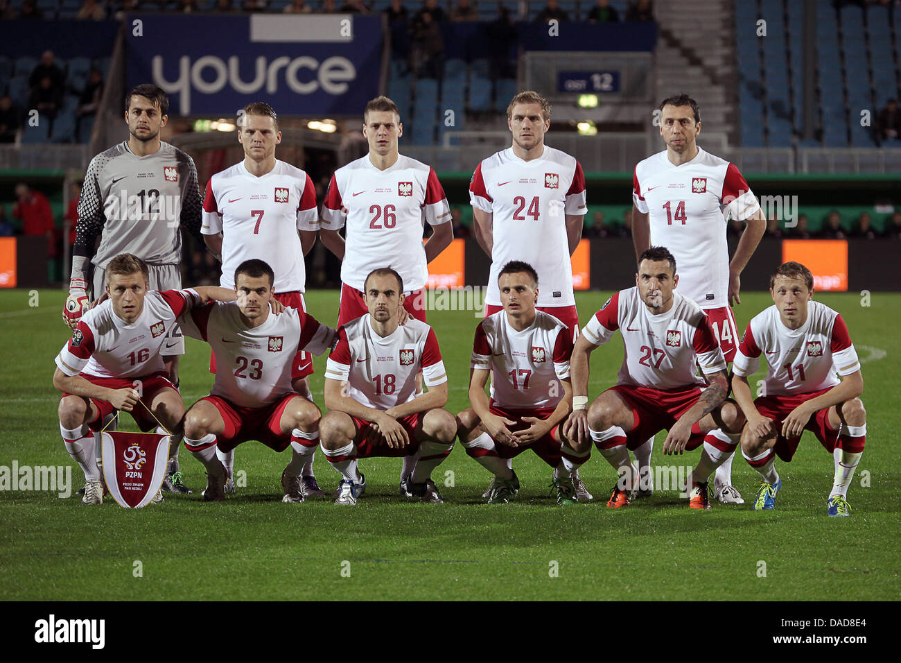 Poland's team pose for a photo during the international friendly soccer match between Poland and Belarus at the Brita Arena in Wiesbaden, Germany, 11 October 2011. Photo: Fredrik von Erichsen dpa/lhe Stock Photo