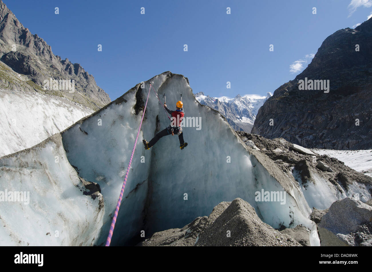 Ice climber at Mer de Glace glacier, Chamonix, Haute-Savoie, French Alps, France, Europe Stock Photo