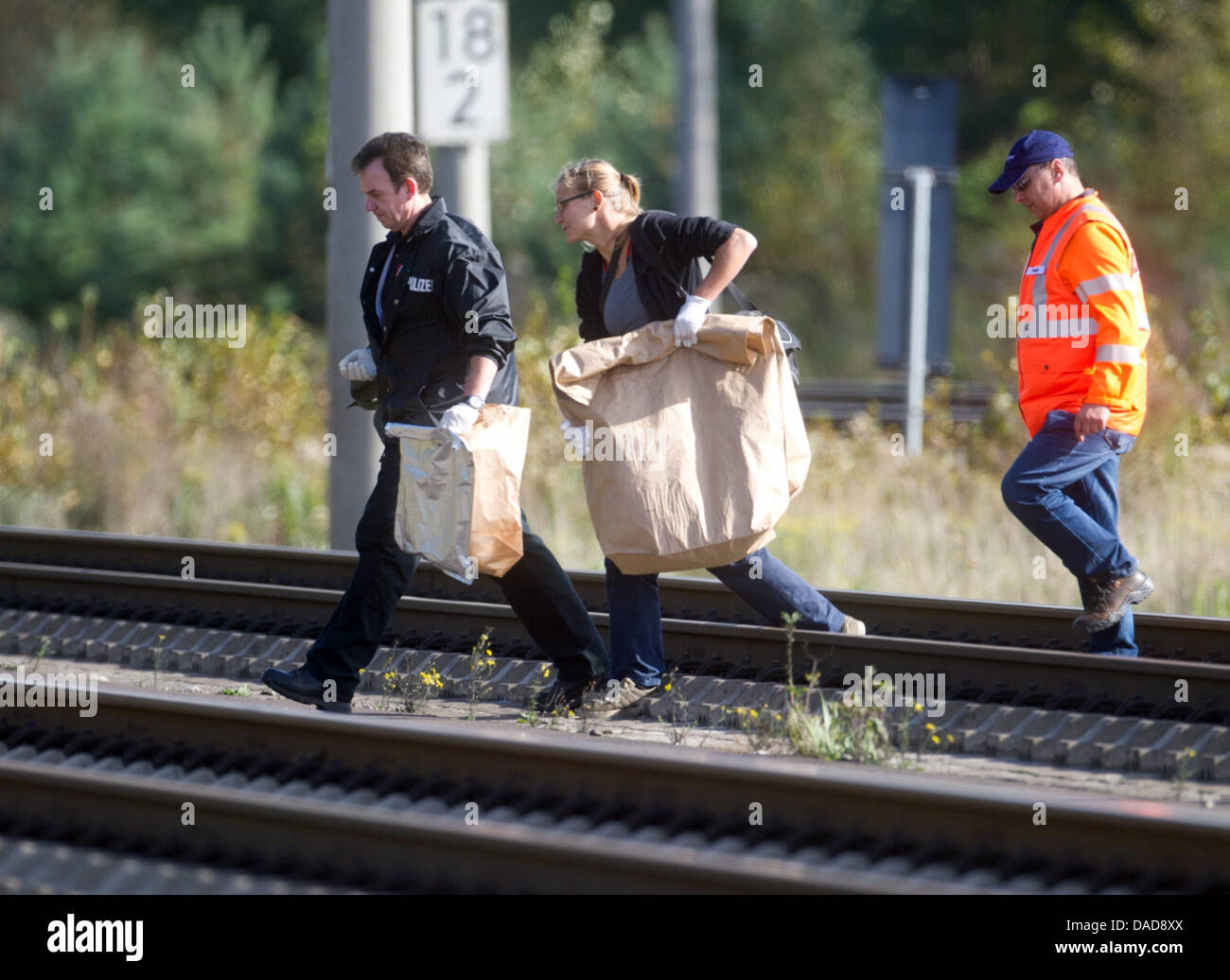 Police officers carry paper sacks with secured evidence on a stretch of railway in Berlin, Germany, 12 October 2011. Additional incediary devices were found near Berlin Staaken station. According to the police, one of the devices exploded a few days ago causing a signal malfunction, but the others did not explode. Photo: TOBIAS KLEINSCHMIDT Stock Photo