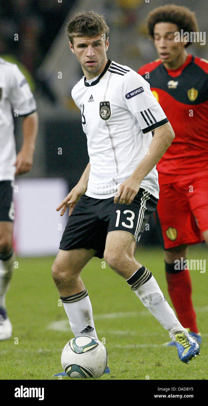Germany's Thomas Müller during the Group A EURO 2012 qualifying match between Germany and Belgium at the Esprit Arena in Duesseldorf, Germany, 11 October 2011. Photo: Roland Weihrauch dpa/lnw Stock Photo