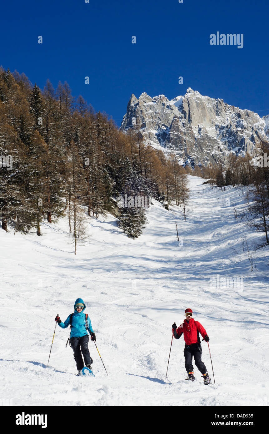 Snow shoeing, Chamonix, HauteSavoie, French Alps, France, Europe Stock