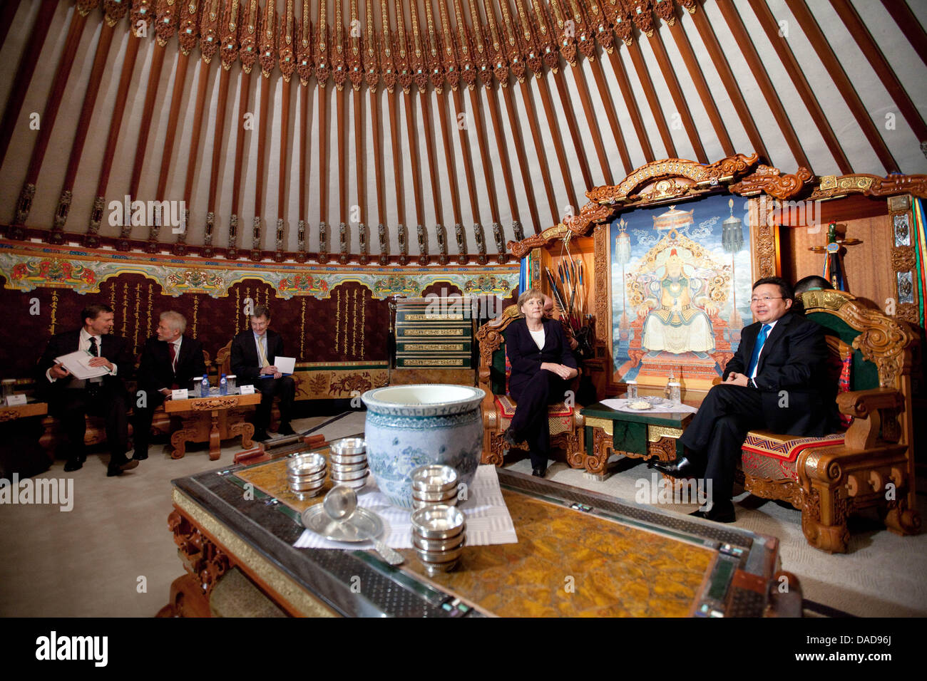 German Chancellor Angela Merkel meets President of Mongolia Tsakhia  Elbegdorj in the state yurt situated in the fourth floor of the government  building in Ulan Bator, Mongolia, 13 October 2011. Merkel intends