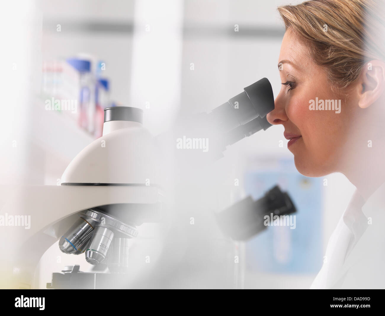 Female microbiologist viewing specimen under microscope in lab Stock Photo Alamy