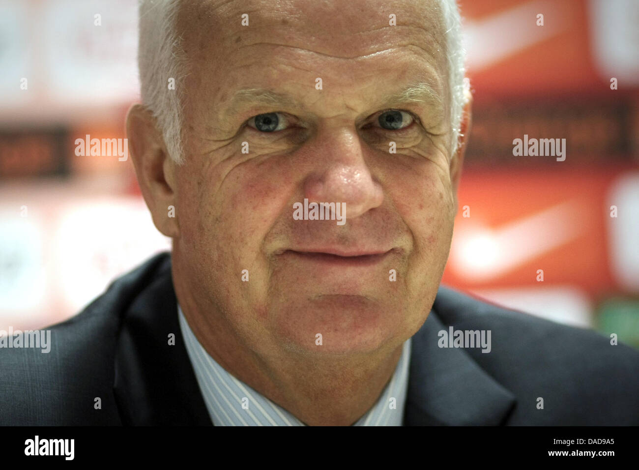 Belarus' coach Bernd Stange seen at a press conference after the international friendly soccer match between Poland and Belarus at the Brita Arena in Wiesbaden, Germany, 11 October 2011. Photo: Fredrik von Erichsen dpa/lhe Stock Photo