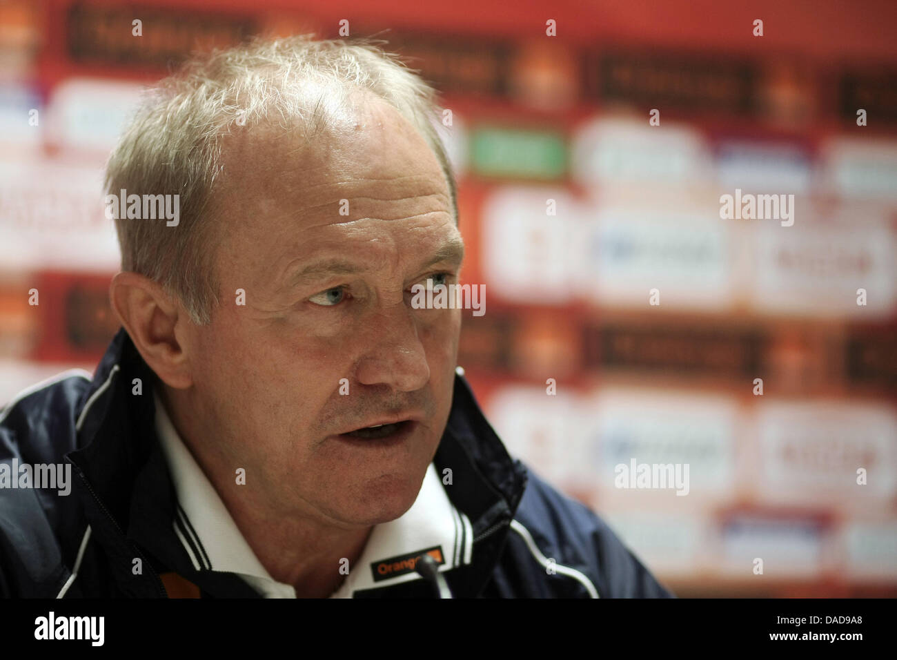 Polands' coach Franciszek Smuda seen at a press conference after the international friendly soccer match between Poland and Belarus at the Brita Arena in Wiesbaden, Germany, 11 October 2011. Photo: Fredrik von Erichsen dpa/lhe Stock Photo