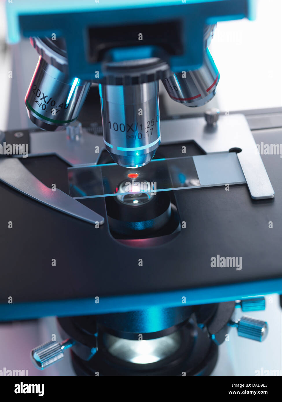 A light microscope examining a sample of tissue in lab for pharmaceutical research Stock Photo