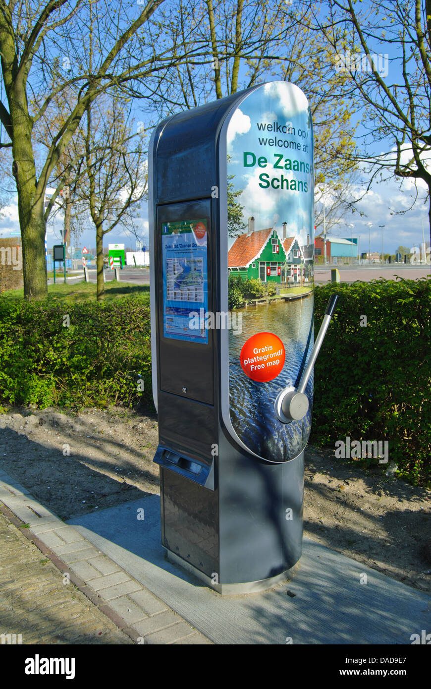 Map distributing box on the roadside, the entrance to  Zaanse Schans Stock Photo
