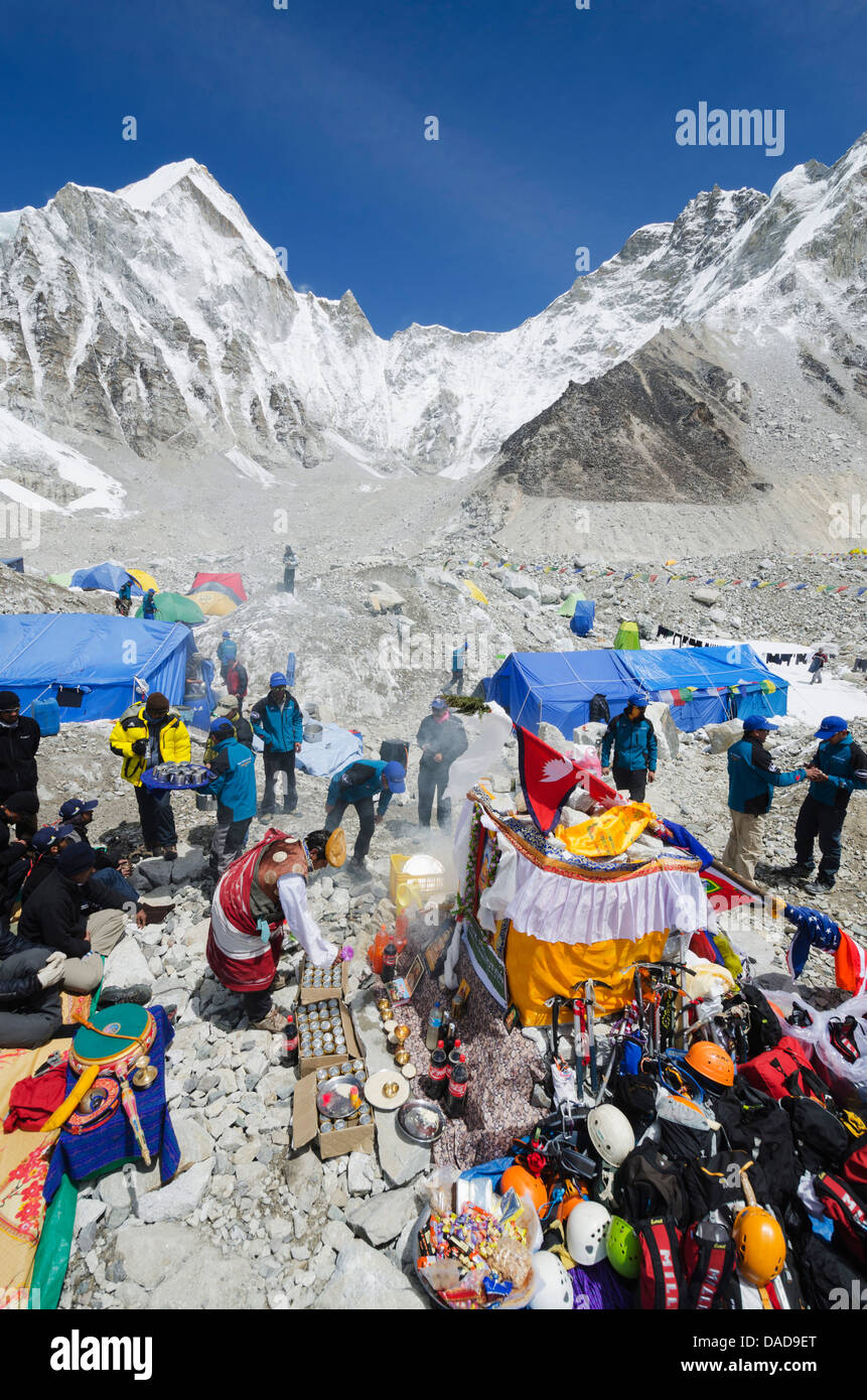 Puja ceremony, Everest Base Camp, Solu Khumbu Everest Region, Sagarmatha National Park, UNESCO Site, Nepal Stock Photo