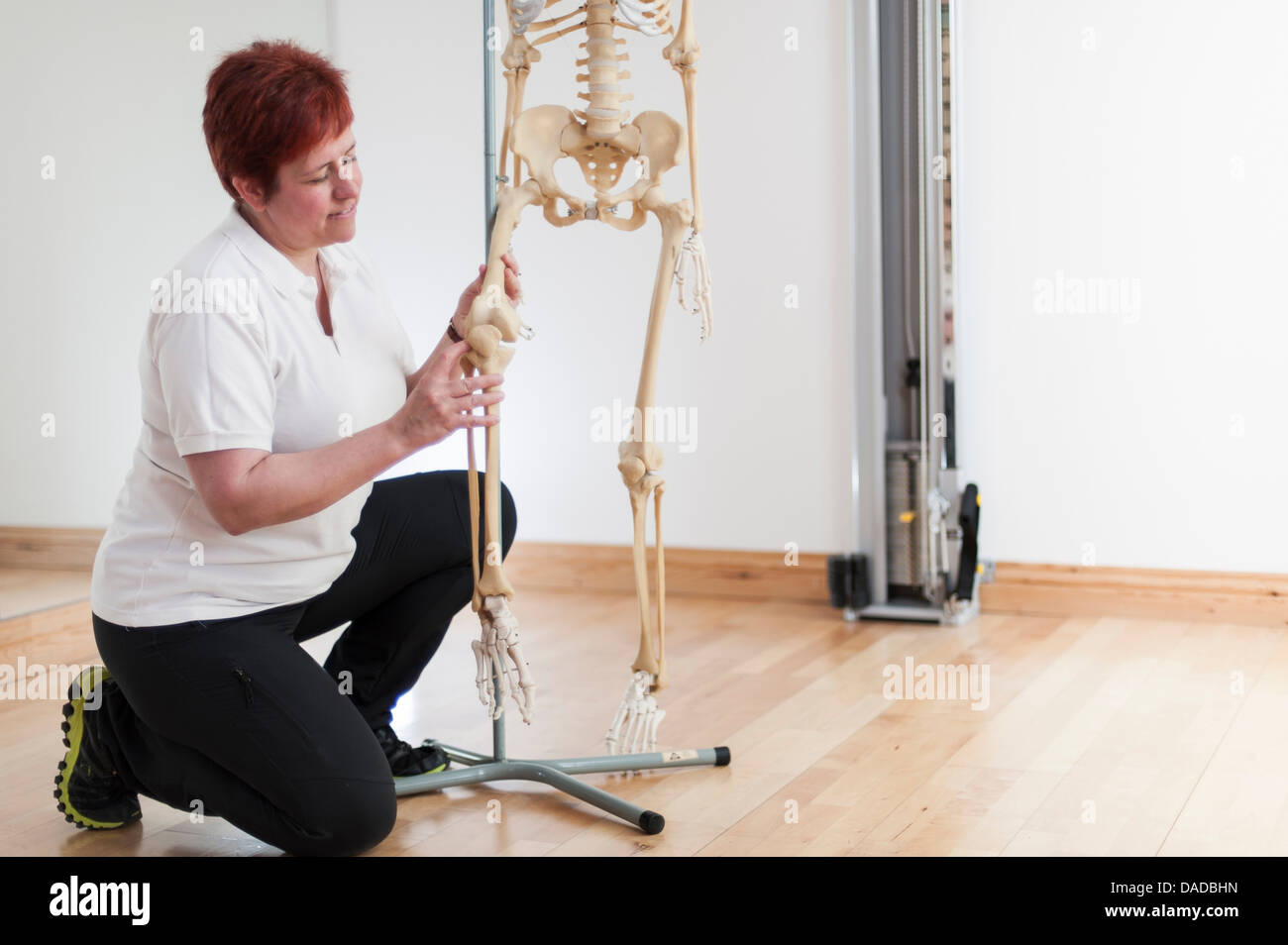 Woman holding leg of model skeleton Stock Photo