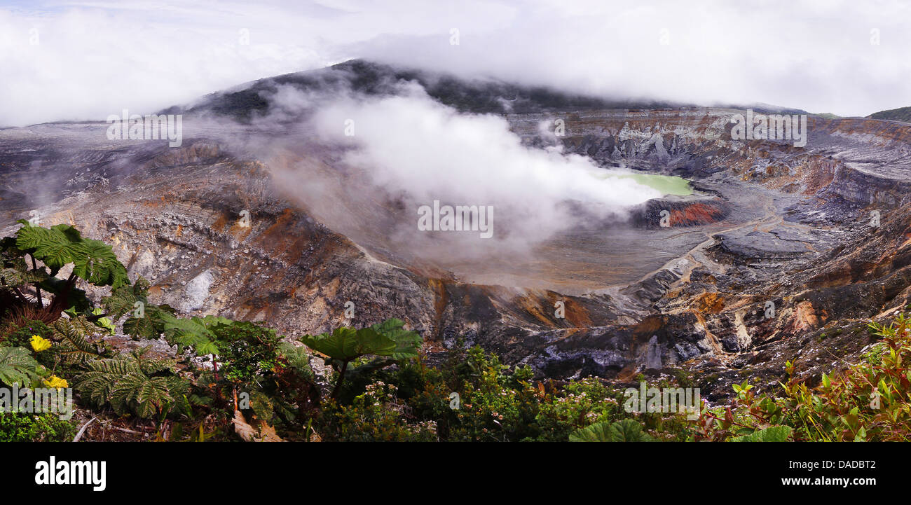 sulphur fumes over crater lake of Poas volcano, Costa Rica, Poas Volcano National Park Stock Photo