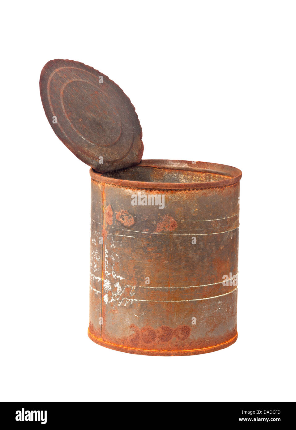 Rusty tin can with top opened isolated on white background Stock Photo