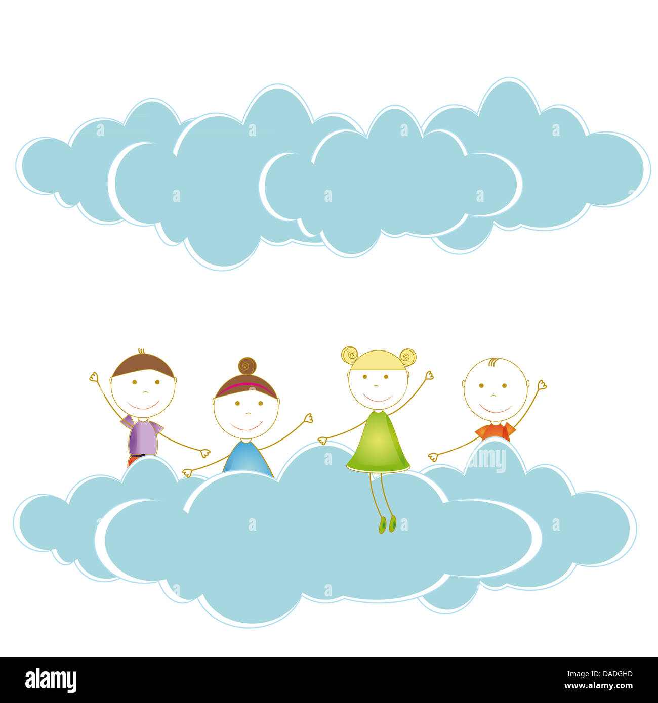 Happy and cute girls and boys in sky with clouds Stock Photo