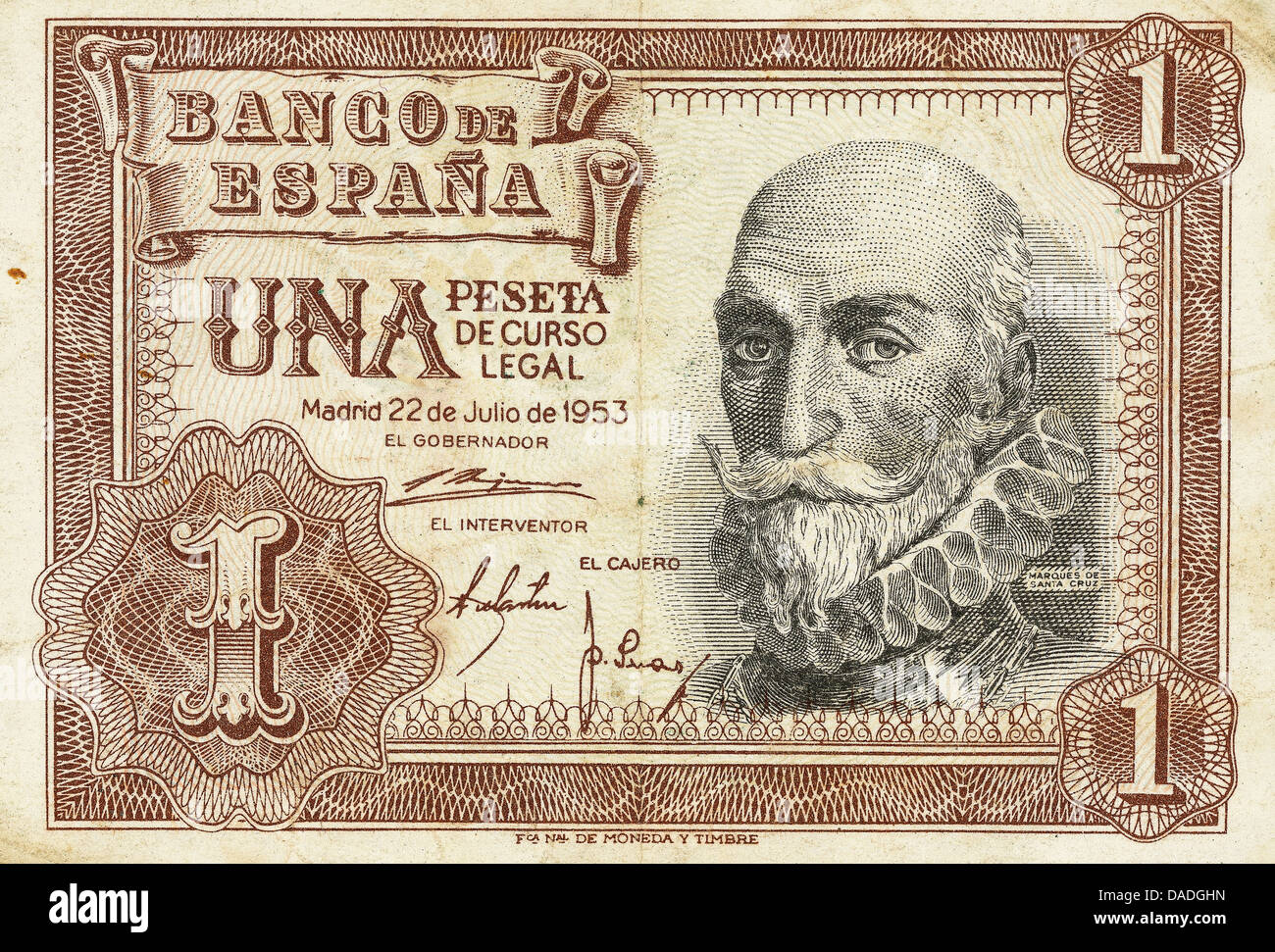 Bill of a one peseta of 1953. Obverse. Spain. Stock Photo