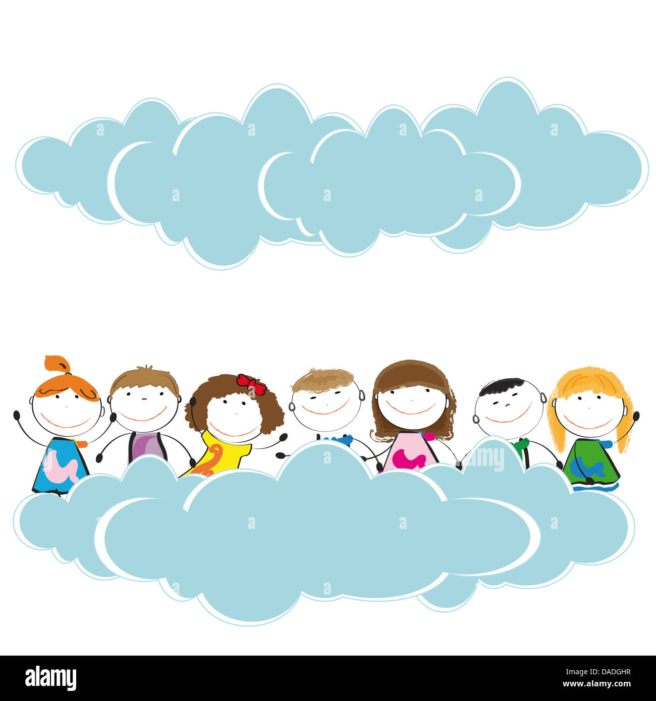 Happy and cute girls and boys in sky with clouds Stock Photo