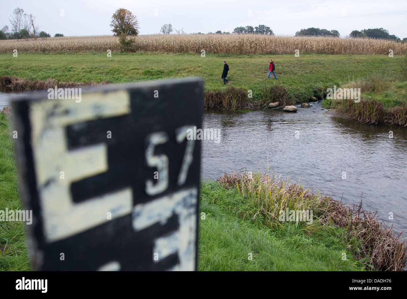 Water runs down the Vechte dam in Neuenhaus, Germany, 25 October 2011. Newly developed bypass channels allow fishes a barrier-free passage through the German-Dutch border rivers Vechte and Dinkel. Photo: Friso Gentsch Stock Photo