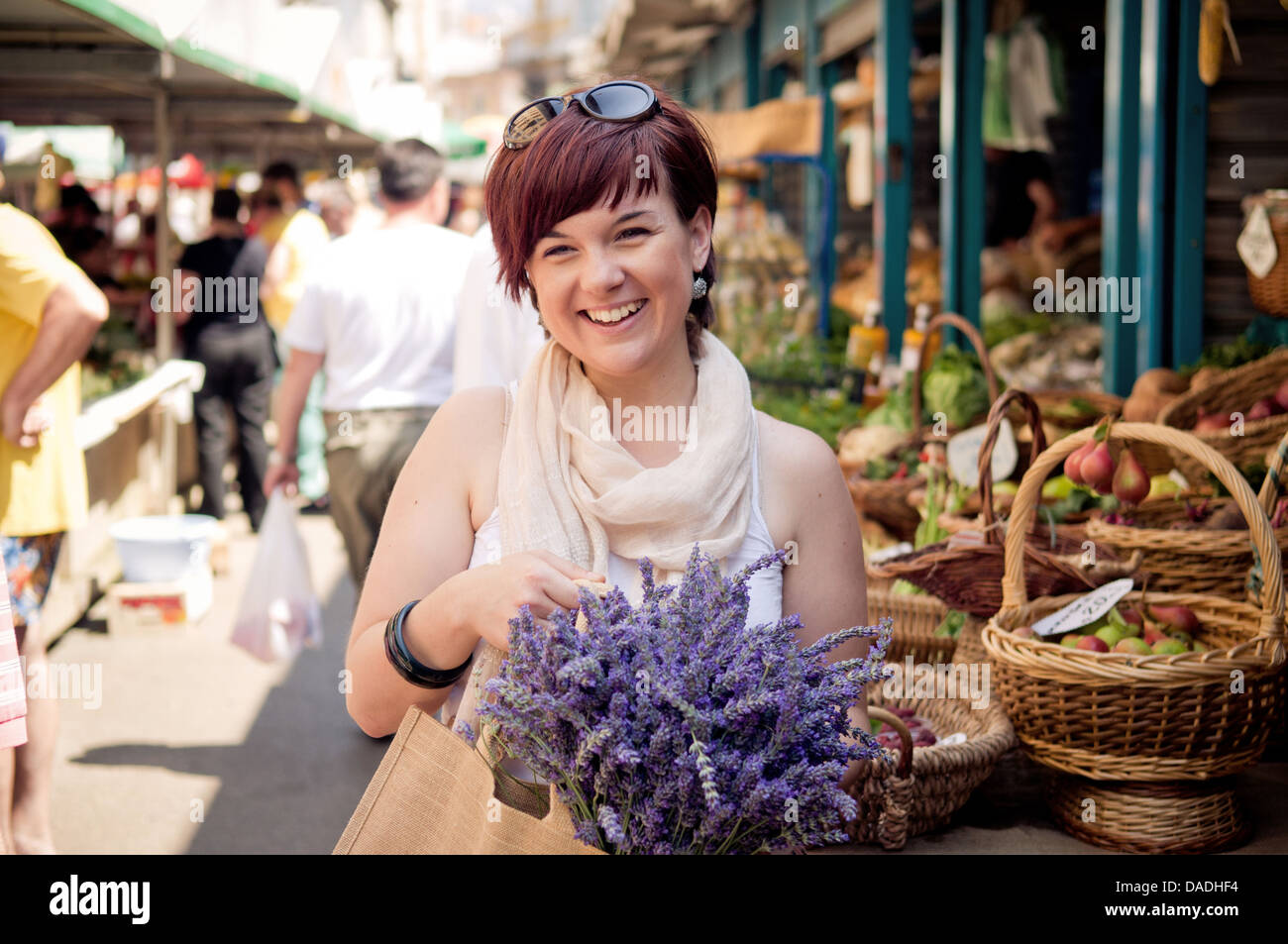 Happy young women at the farmers market Stock Photo - Alamy